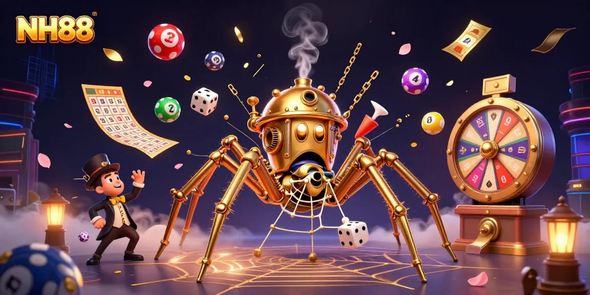 Experience NH88's dynamic casino scene with a whimsical steampunk spider and vibrant lottery elements.