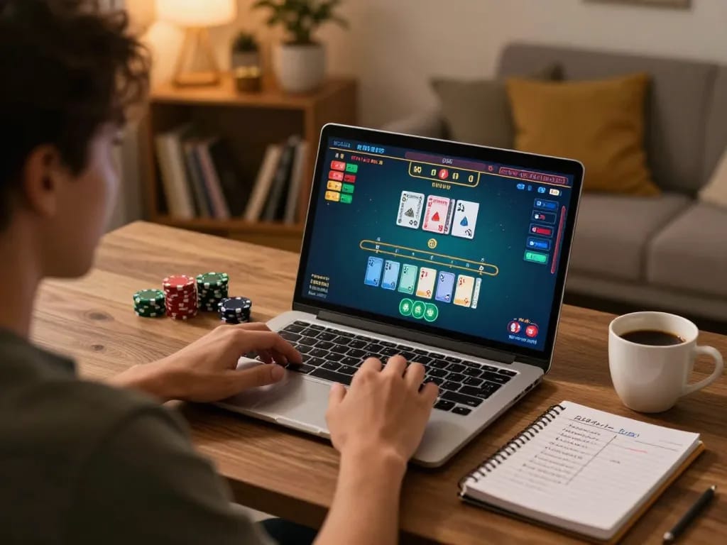 Player enjoying a live blackjack game on 888newcasino com, emphasizing strategic gameplay in a cozy home setting.