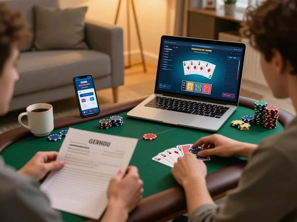 Player enjoying GEM88 online poker game with strategy notes, showcasing responsible gambling.