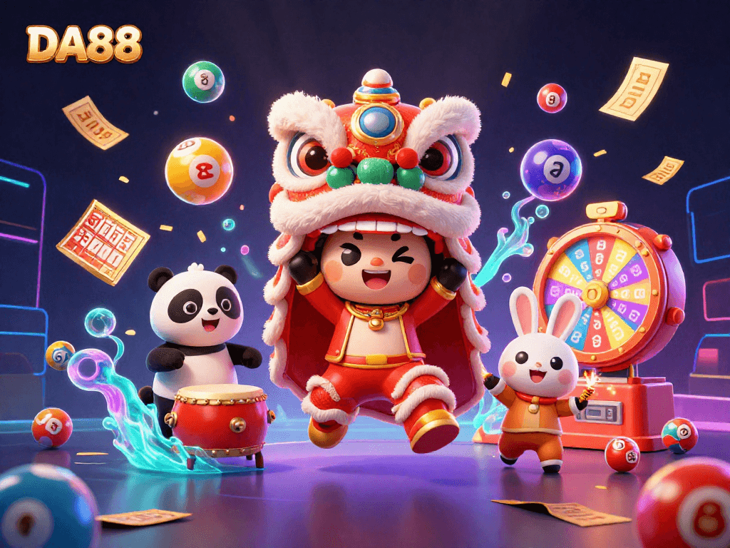 Engage with a vibrant DA88-themed 3D illustration featuring a lion dance, panda, and lottery elements.
