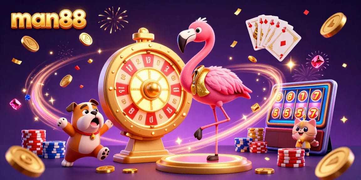 Win big with man88: A vibrant 3D illustration of an exciting casino atmosphere featuring a game show host and prizes.