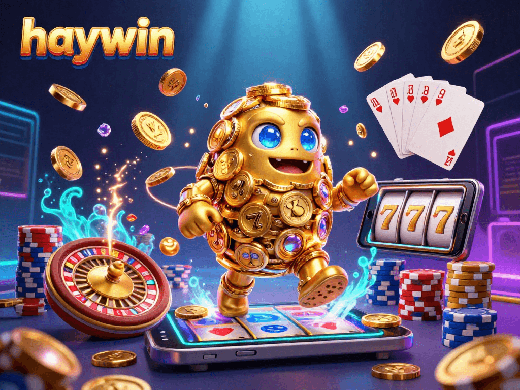 Engage in exhilarating gambling adventures with Haywin's golden golem amidst dazzling slot reels and cascading coins.