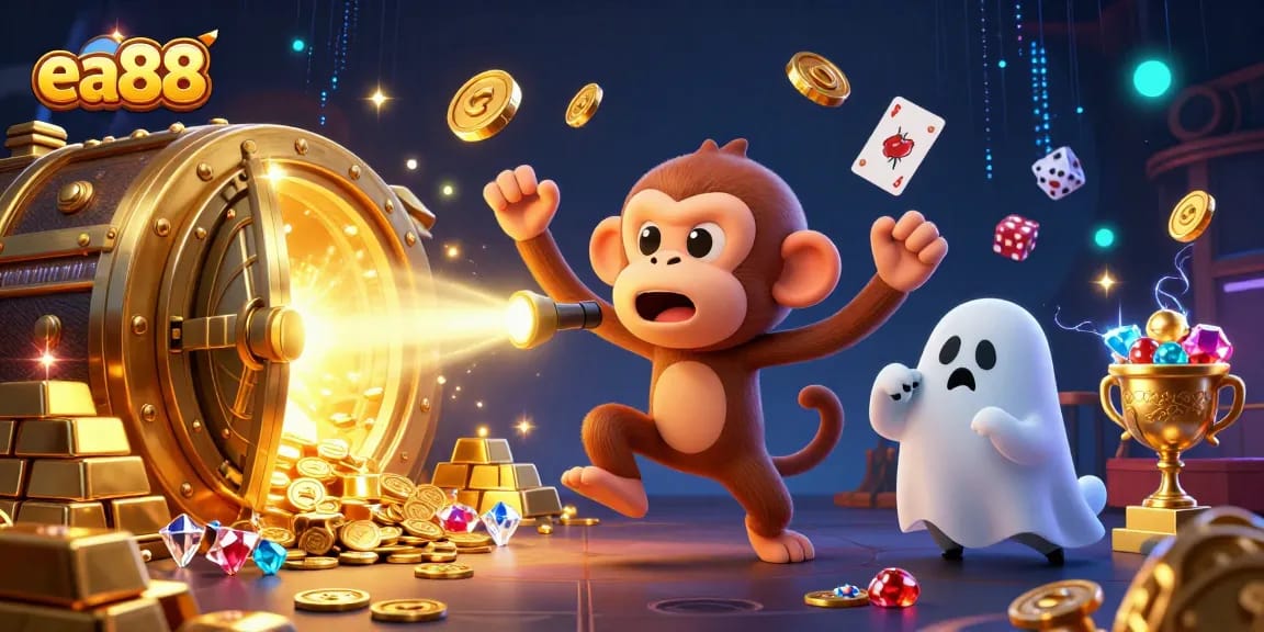 ea88 explores a lively casino scene with a playful monkey and a curious puppy navigating golden treasures.