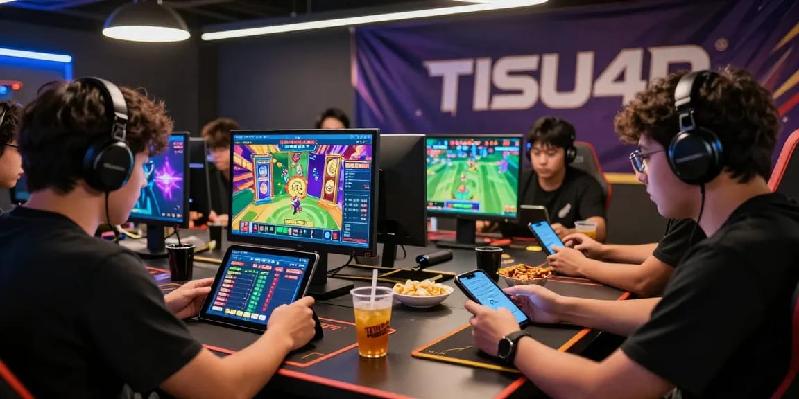 Penggemar game menggunakan platform TISU4D dengan antusias, menampilkan berbagai perangkat dan suasana yang energik.