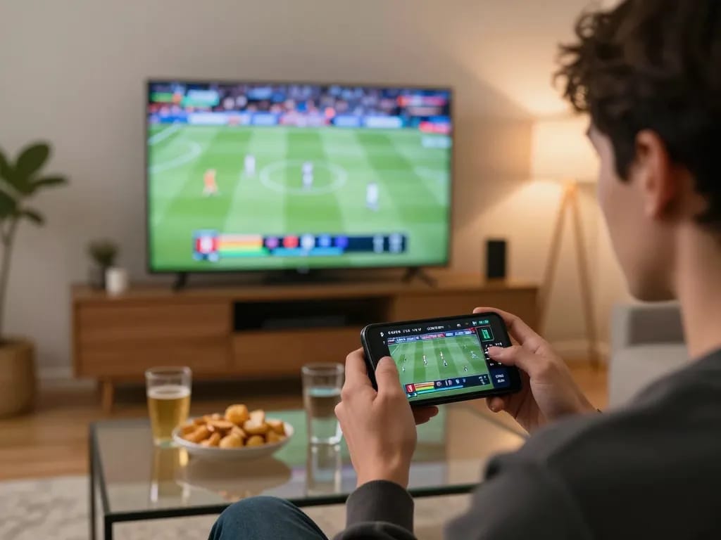 Engaged user placing bets on 92slot while enjoying a live sports game at home