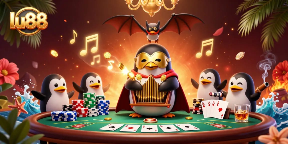 Engage in thrilling casino action with lu88's vibrant digital illustration featuring dynamic gambling elements.