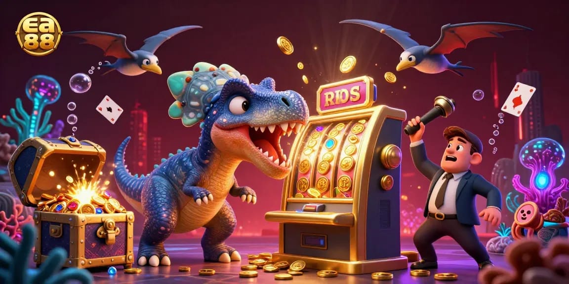 ea88 casino scene featuring a pachycephalosaurus hitting a slot machine, coins bursting everywhere.