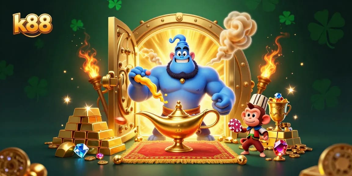 Experience the thrill of k88 with gambling excitement, vibrant 3D illustration of genies and gems.