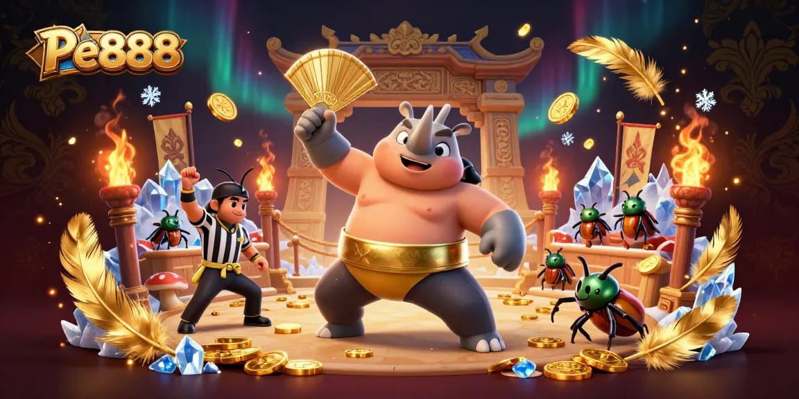 Pe888 offers a vibrant gaming experience with a dynamic scene of a rhinoceros beetle champion amidst flying gold coins.