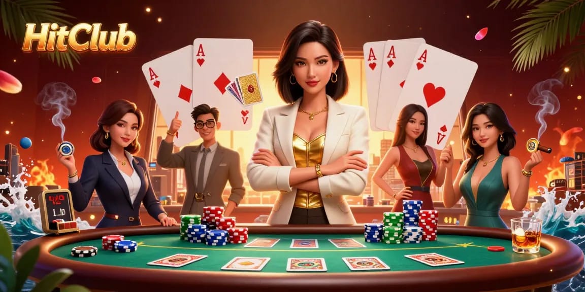 Engage with HitClub in a vibrant casino scene showcasing poker elements and a powerful businesswoman.