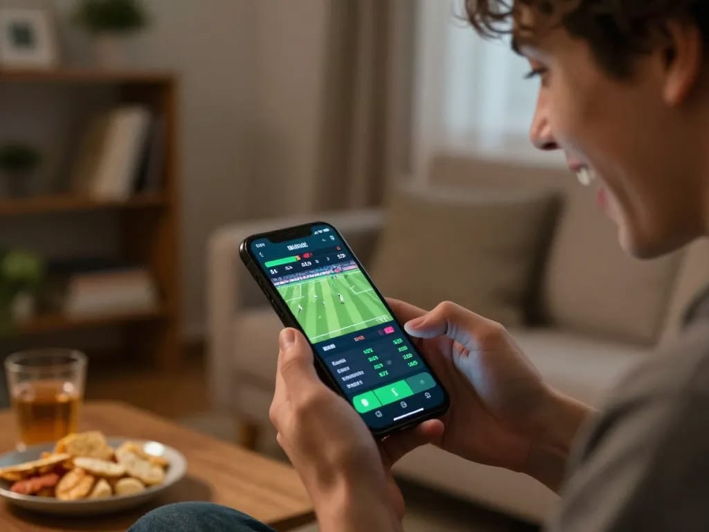 SX88 user placing bets on smartphone during a soccer match, showcasing an exciting online gaming experience