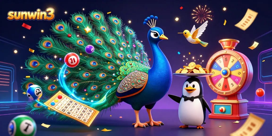 Experience the vibrant fun of sunwin3 with a peacock, butler, and hummingbird amid dynamic lottery elements.