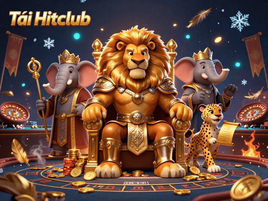Tải Hitclub with a fierce lion king, wise elephant, and cheetah in a lively casino scene.