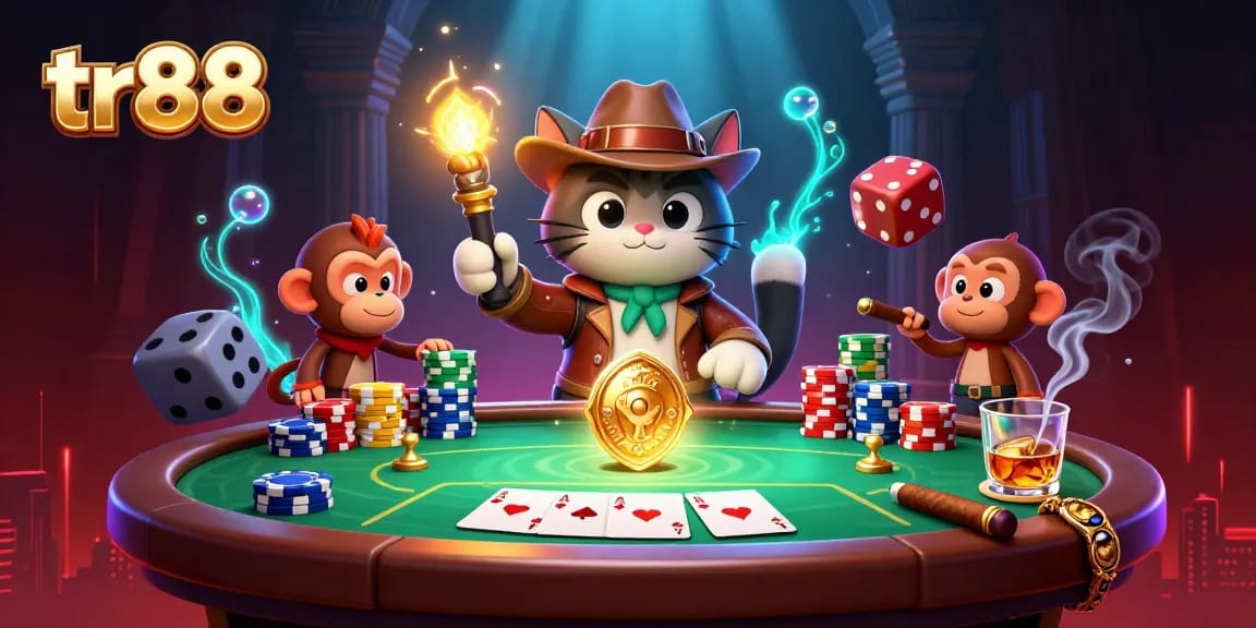 Experience thrilling action at tr88 with a cartoon cat archaeologist uncovering a golden casino artifact amidst vibrant poker elements.