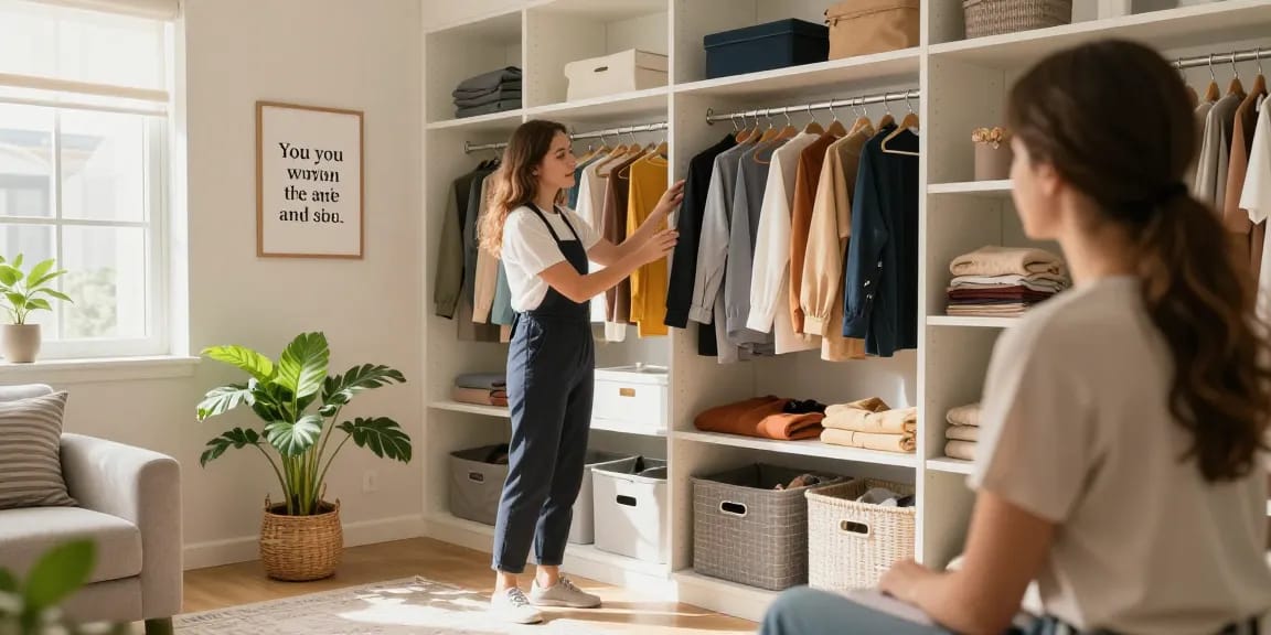 Closet organizing Ottawa: Professional organizer helping client sort clothing in a bright, modern bedroom space.