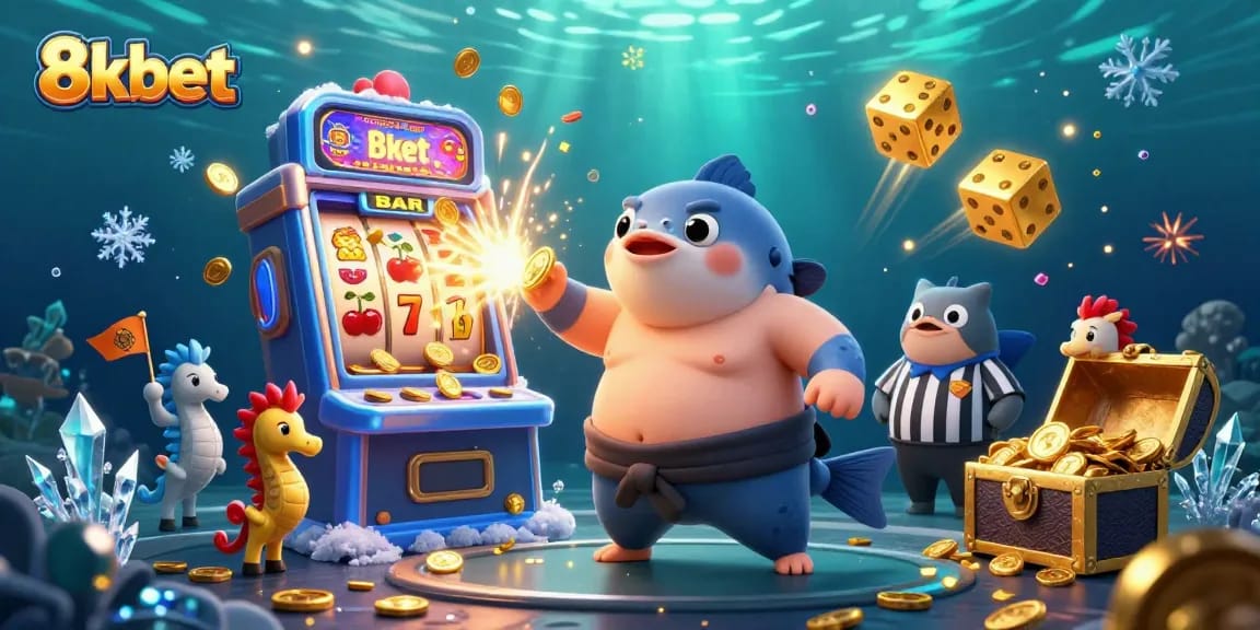 Join the excitement at 8xbet with a vibrant underwater casino scene featuring a playful fugu, showcasing thrilling jackpots.