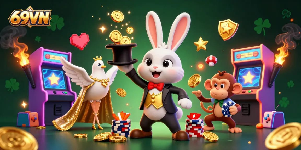 Experience the magic of gaming at 69VN with a dazzling scene of a magician rabbit pulling golden coins, embodying exciting casino entertainment.