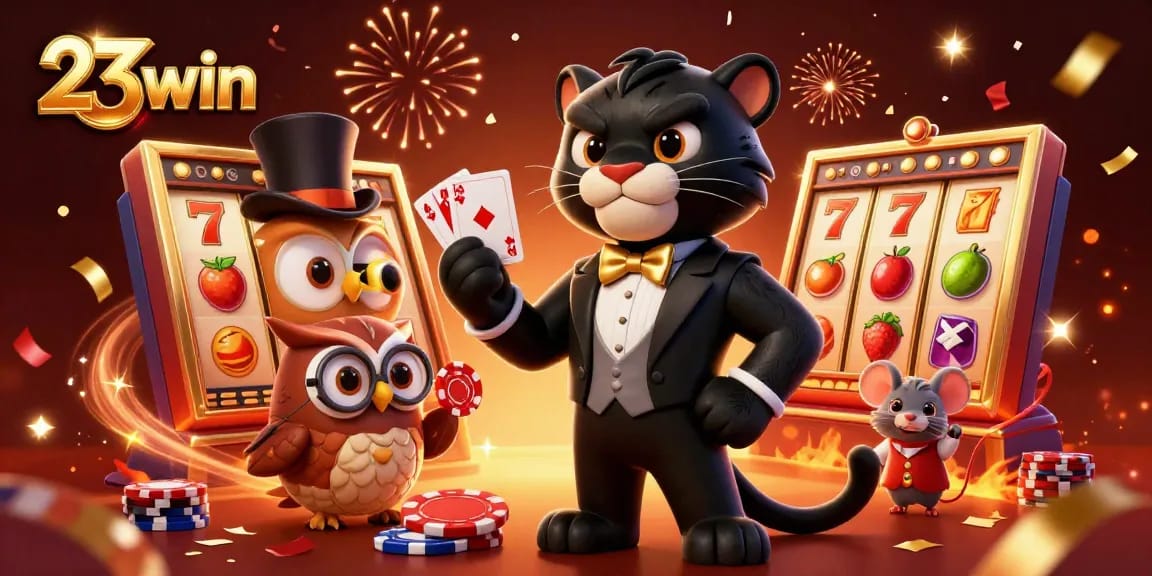 Experience exciting gameplay at 23win with a vibrant casino scene featuring playful characters and jackpot elements.
