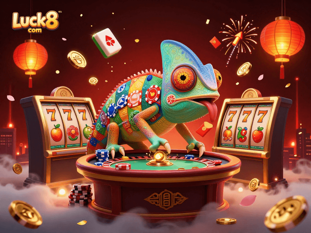 Win big at Luck8 com with a vibrant casino scene featuring an enormous chameleon and dynamic gaming elements.