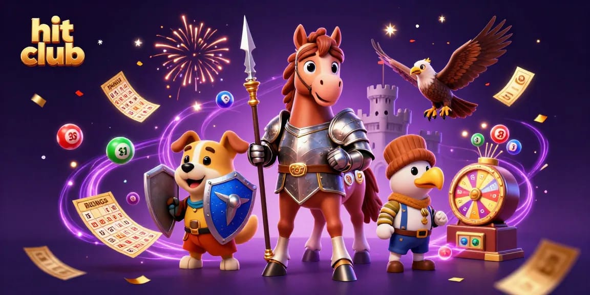 Experience the thrill of winning at hit club while dynamic lottery elements surround medieval characters.