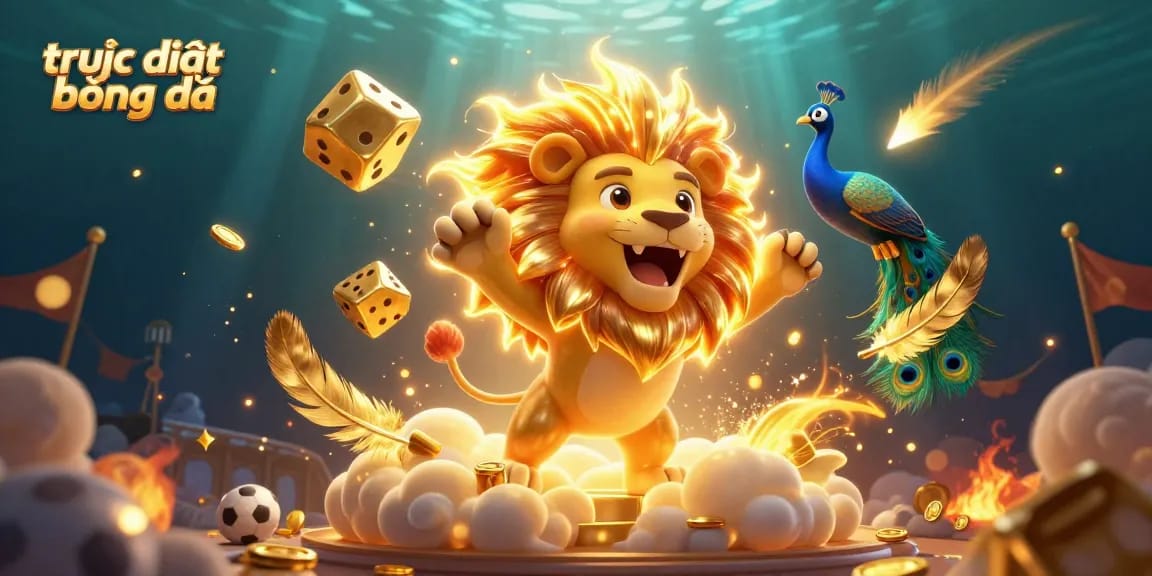 Watch trực tiếp bóng đá with stunning visuals in a dynamic gambling setup featuring roaring lion and golden dice.