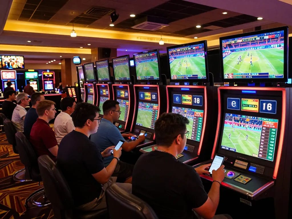 Excited bettors engaging in sports betting action at vin88 with live updates and stats on display