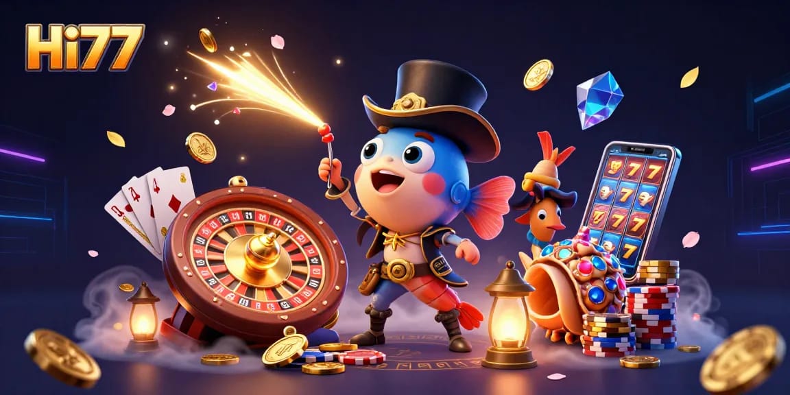 Win big with Hi77's vibrant casino scene featuring golden coins, slots, and animated characters.