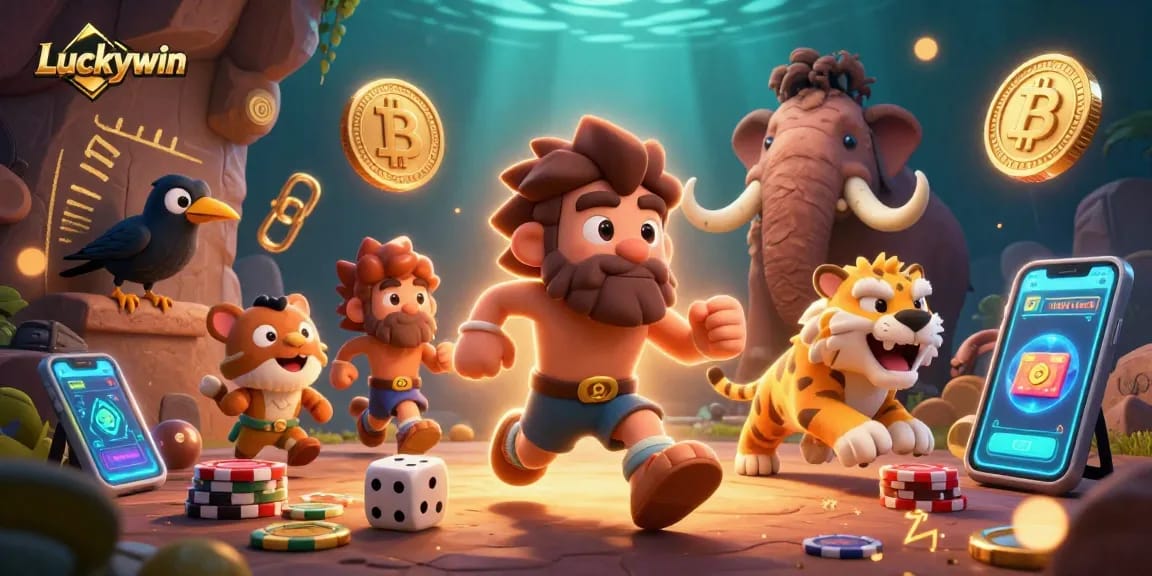 Play at Luckywin with a vibrant gaming scene showcasing energetic cavemen and crypto coins