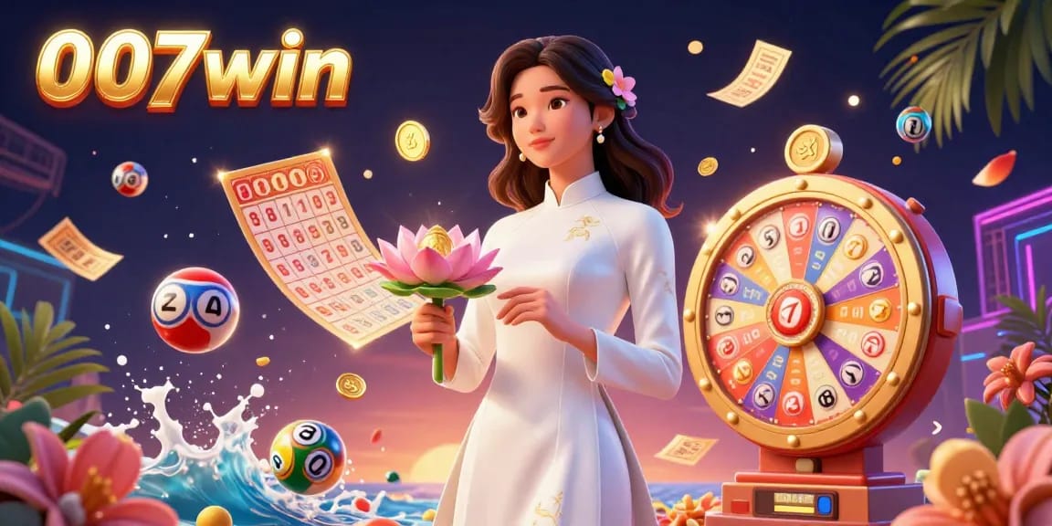Engage in thrilling gameplay at 007win with an elegant Asian woman promoting vibrant lottery excitement.