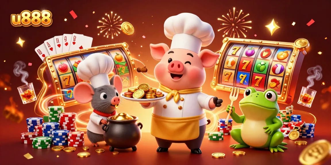 Experience excitement with u888's slot reels and golden treasures in a vibrant casino scene.