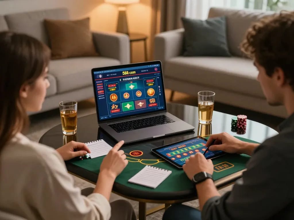 Engaging in strategic gameplay on 566 com with cozy online casino setup and warm lighting.
