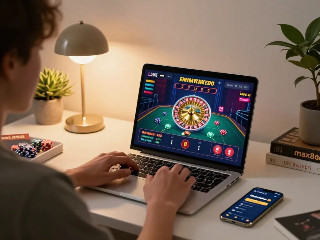 Max88 player engages in live casino gaming with laptop and smartphone in cozy setting