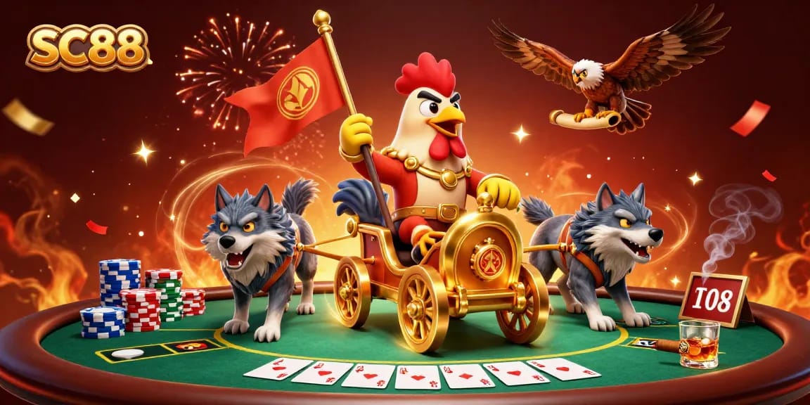 Engage with SC88's thrilling poker scene featuring a rooster warlord and dynamic casino elements.