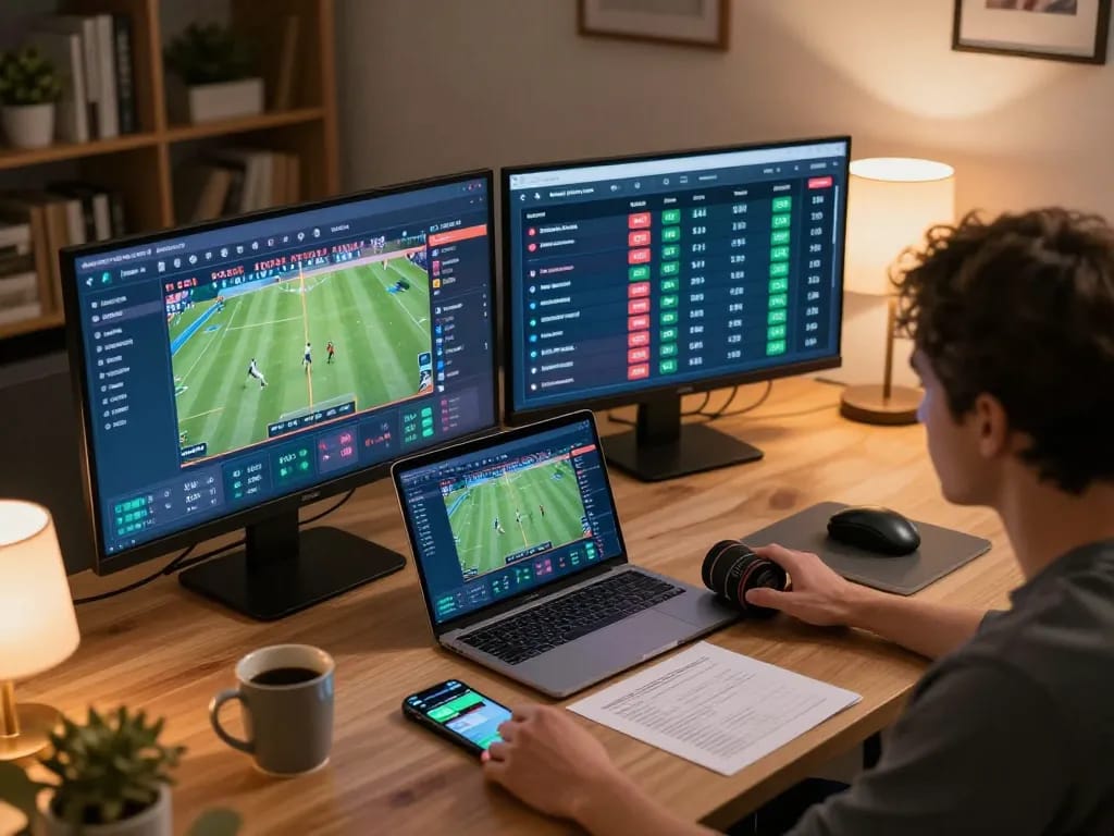Engaging in kèo nhà cái while betting on sports from a modern home setup, highlighting the strategy behind odds.