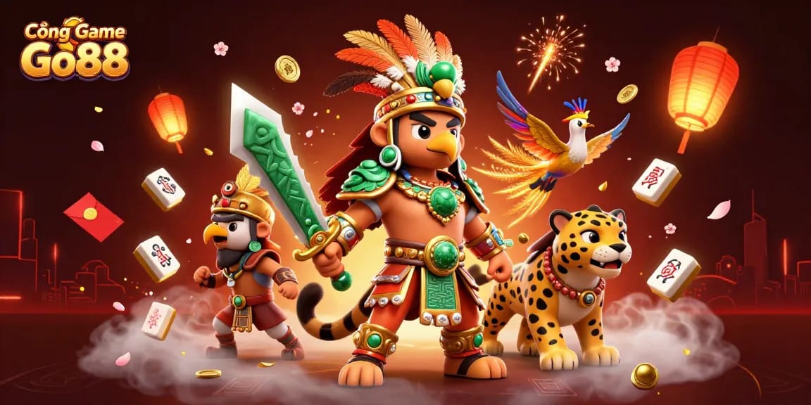 Cổng Game Go88 showcases vibrant Aztec warriors amidst dynamic gambling elements, ensuring thrilling gameplay.