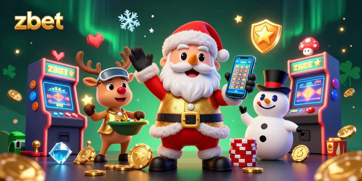 ZBET brings excitement, showcasing Santa with jackpot slots and casino elements in a festive setting.