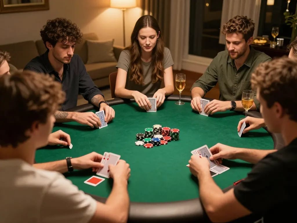 Friends enjoying an exciting poker night at home while using the alo8 app for bets.