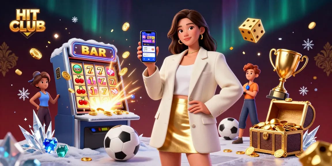 Engage with HIT CLUB in an exciting 3D casino scene featuring dynamic slot games and sports betting elements.
