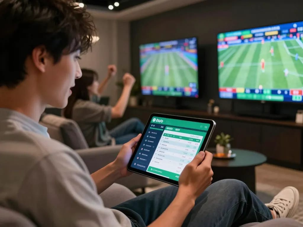 Person reviewing tin soi kèo app for sports betting in an exciting lounge setting.
