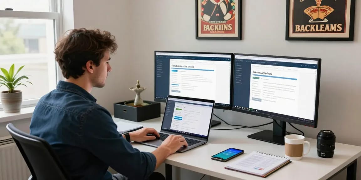 Professional SEO expert analyzing canadian casino backlinks data in a modern office setting.