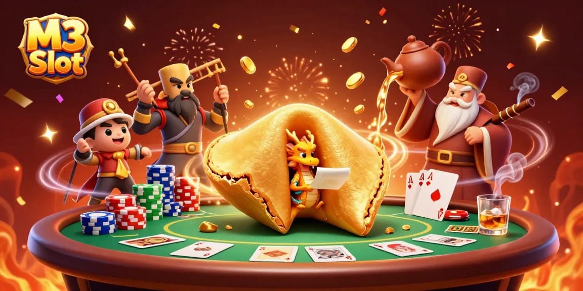 Experience thrilling M3 Slot gameplay with a golden fortune cookie, wise dragon, and poker elements.