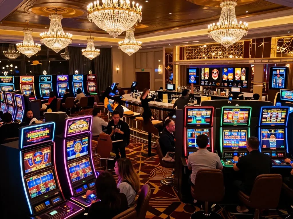 People celebrating wins at the vibrant gaming floor of nhà cái nk88 casino, illuminated with neon lights.