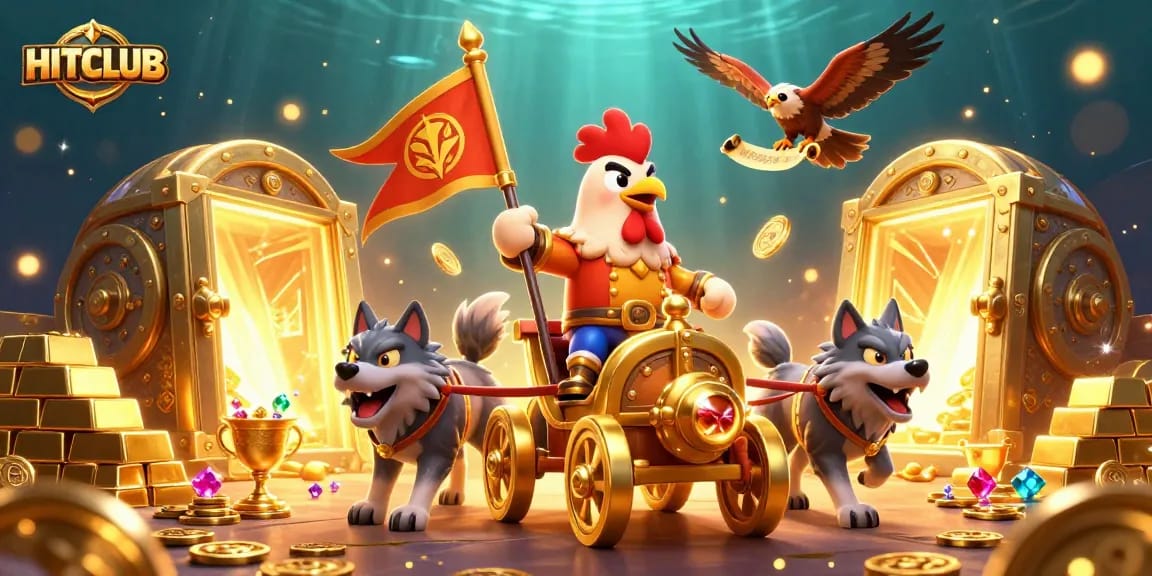 HITCLUB showcases a thrilling casino experience with a cartoon rooster warlord, golden treasures, and dynamic gameplay elements.
