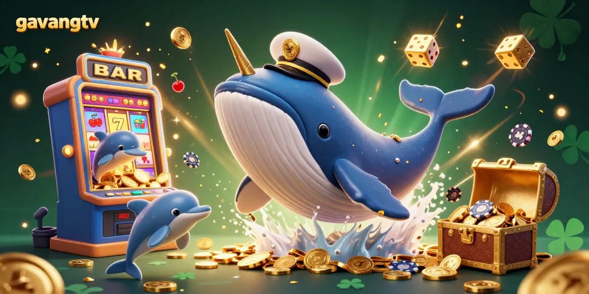 Gavangtv captures the excitement of winning with a vibrant scene of a giant whale and playful dolphins amidst flying casino elements.