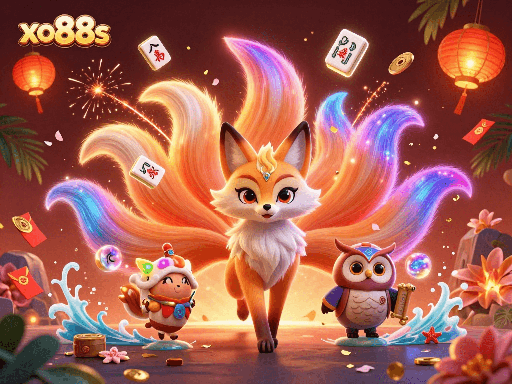 Experience the vibrant world of xo88s with a glowing nine-tailed fox and wise owl amidst colorful casino elements.