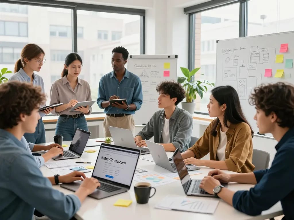 Diverse professionals collaborating on projects in a bright co-working space featuring the website https://7mvna.com/ on a laptop.
