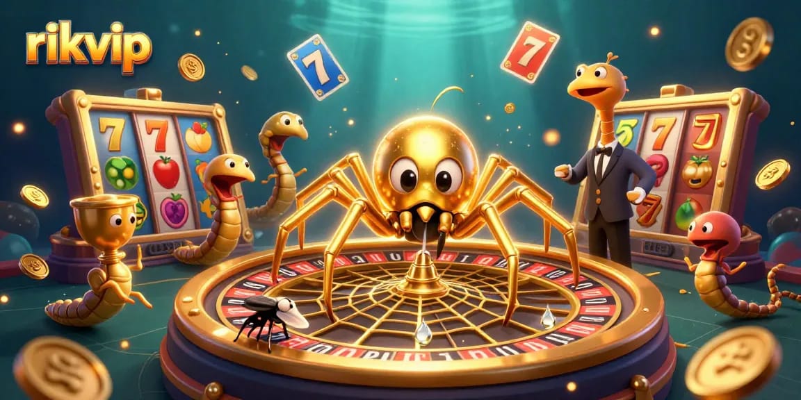 Experience the excitement of rikvip with a golden spider, roulette wheel, and slot games.