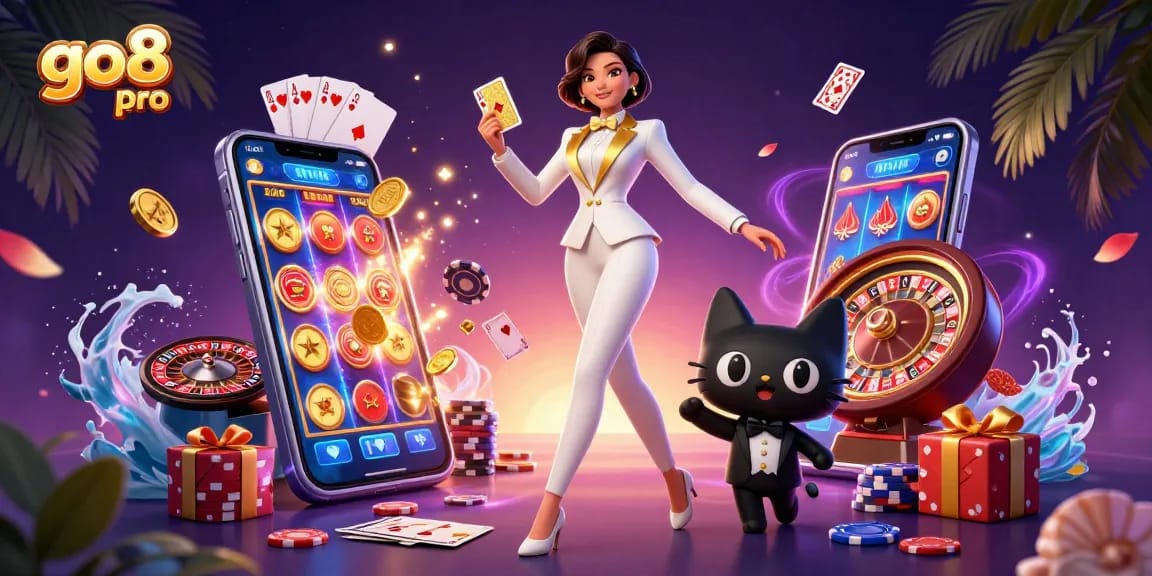 Engage with the dynamic go8 pro casino scene featuring a glamorous dealer and a charming tuxedoed cat.