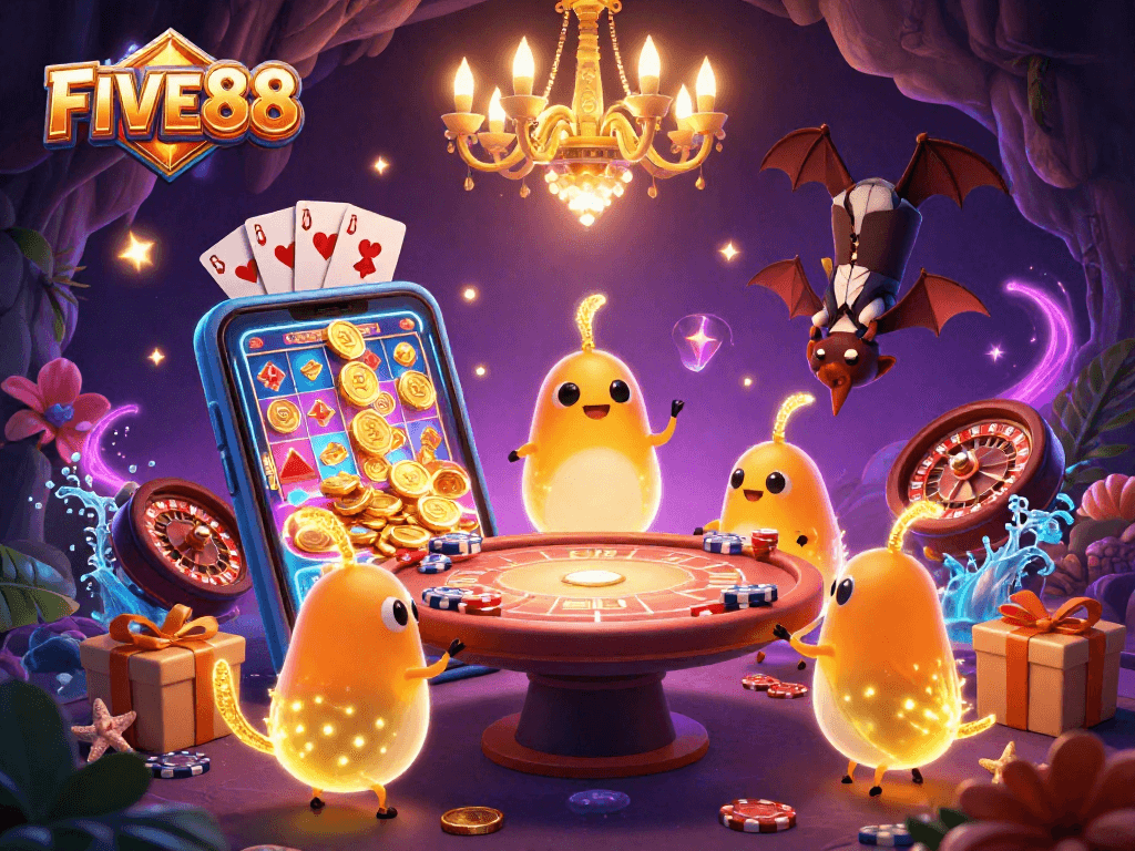 Engage with FIVE88's vibrant casino atmosphere, featuring glowworms and elaborate gaming elements.