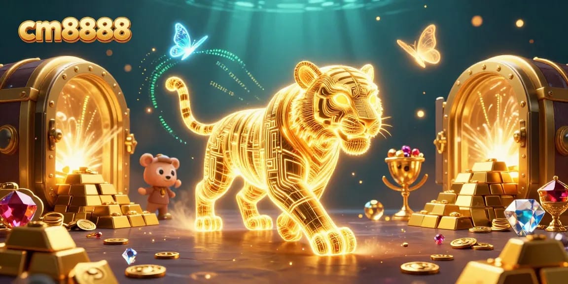 Experience the thrill of cm8888 with a neon-wireframe tiger in a dazzling digital casino.